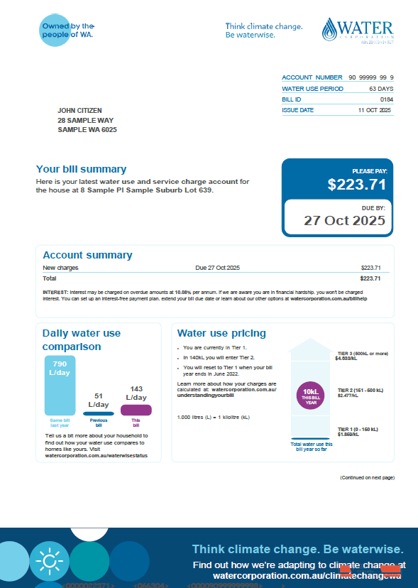 Australia Water Corporation utility bill template in Word and PDF formats